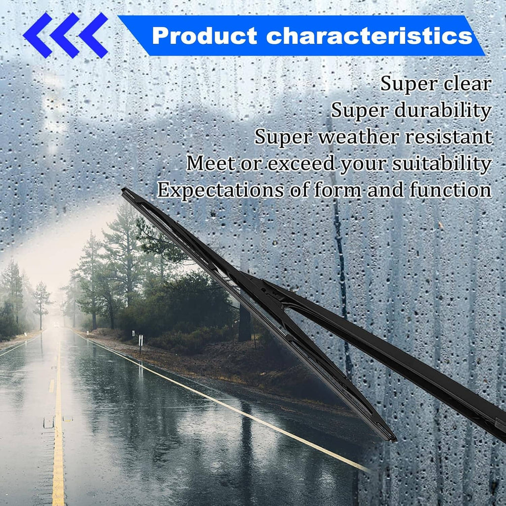 Rear wiper blade set, black wiper arms and blades shown on wet windshield