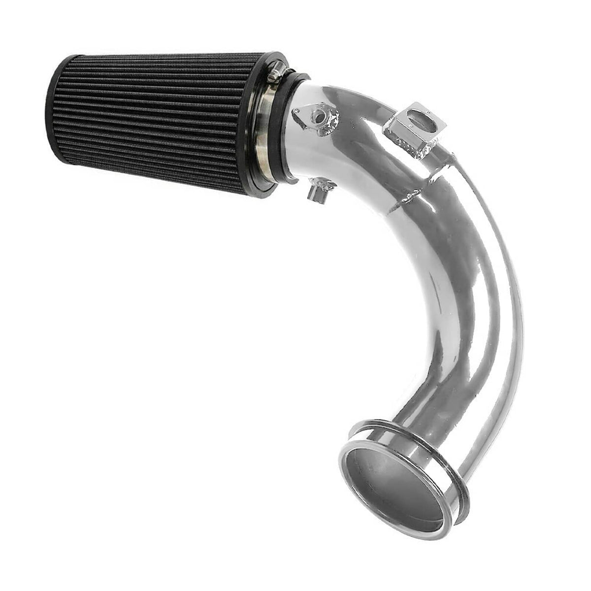 Air intake pipe with black cone filter and polished metal elbow, includes clamp