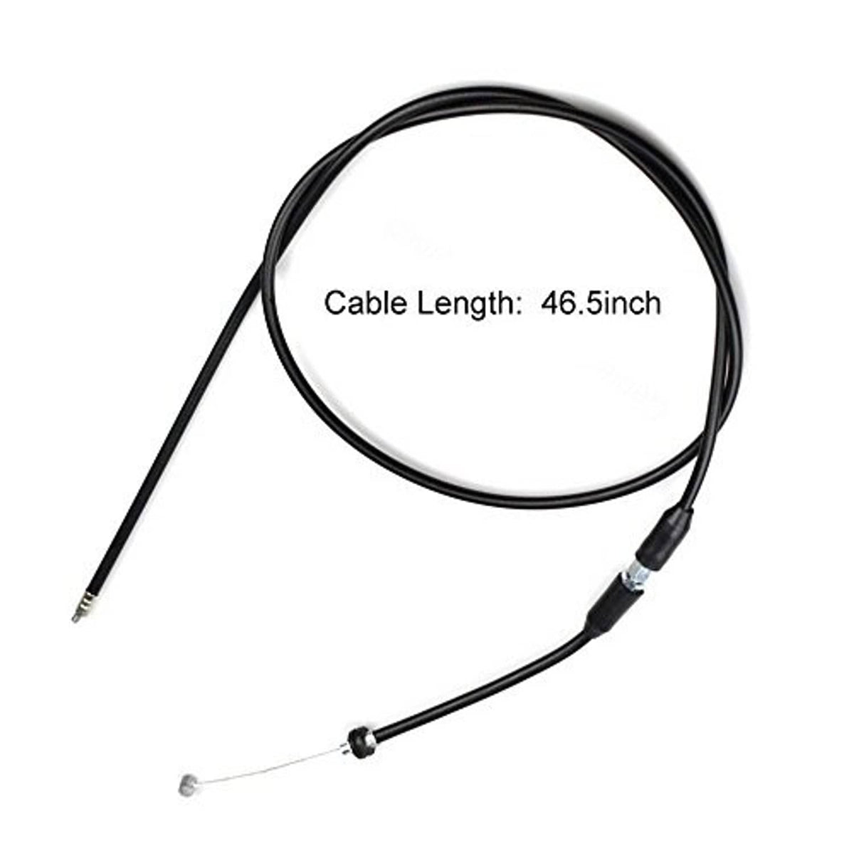 Black throttle cable with metal ends; cable length 46.5 inches