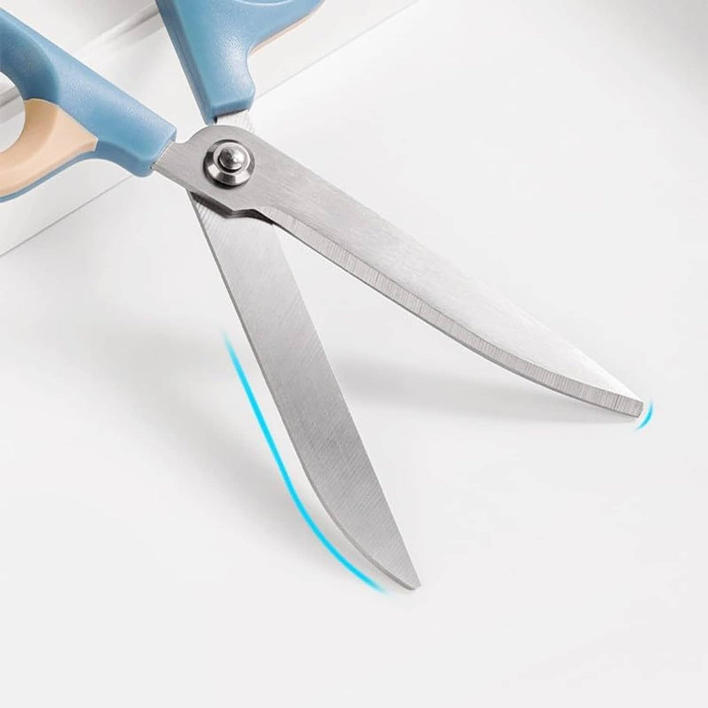 Craft scissors open with two silver blades and light blue handle, side view