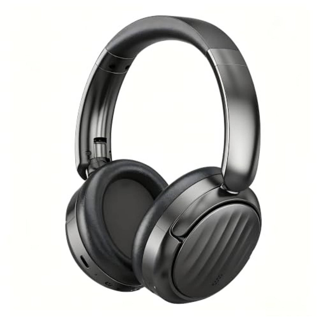 Black over-ear Bluetooth headphones with cushioned ear cups and glossy headband