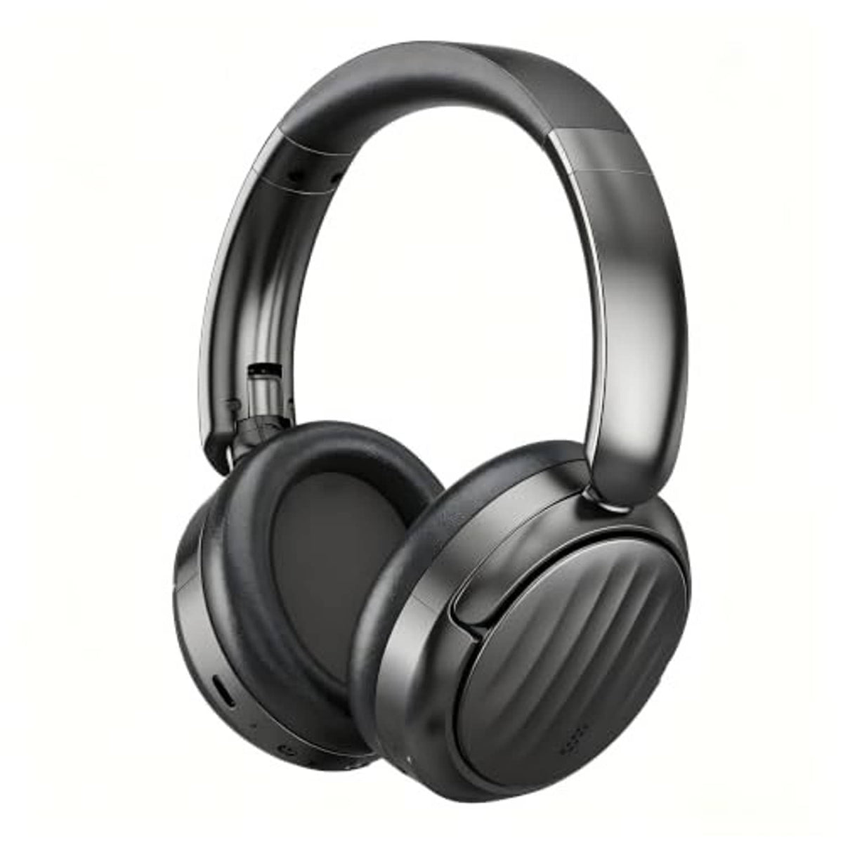 Black over-ear Bluetooth headphones with cushioned ear cups and glossy headband