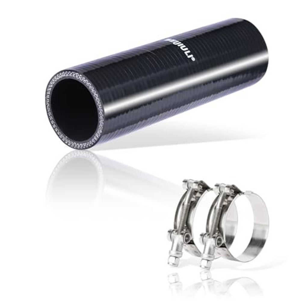 Black silicone coupler hose with stainless T-bolt clamps, straight connector.
