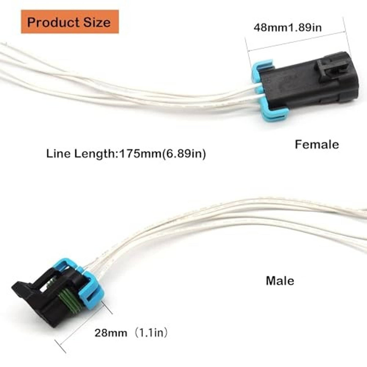 Headlight connector pigtail harness with male and female plugs, white wire leads