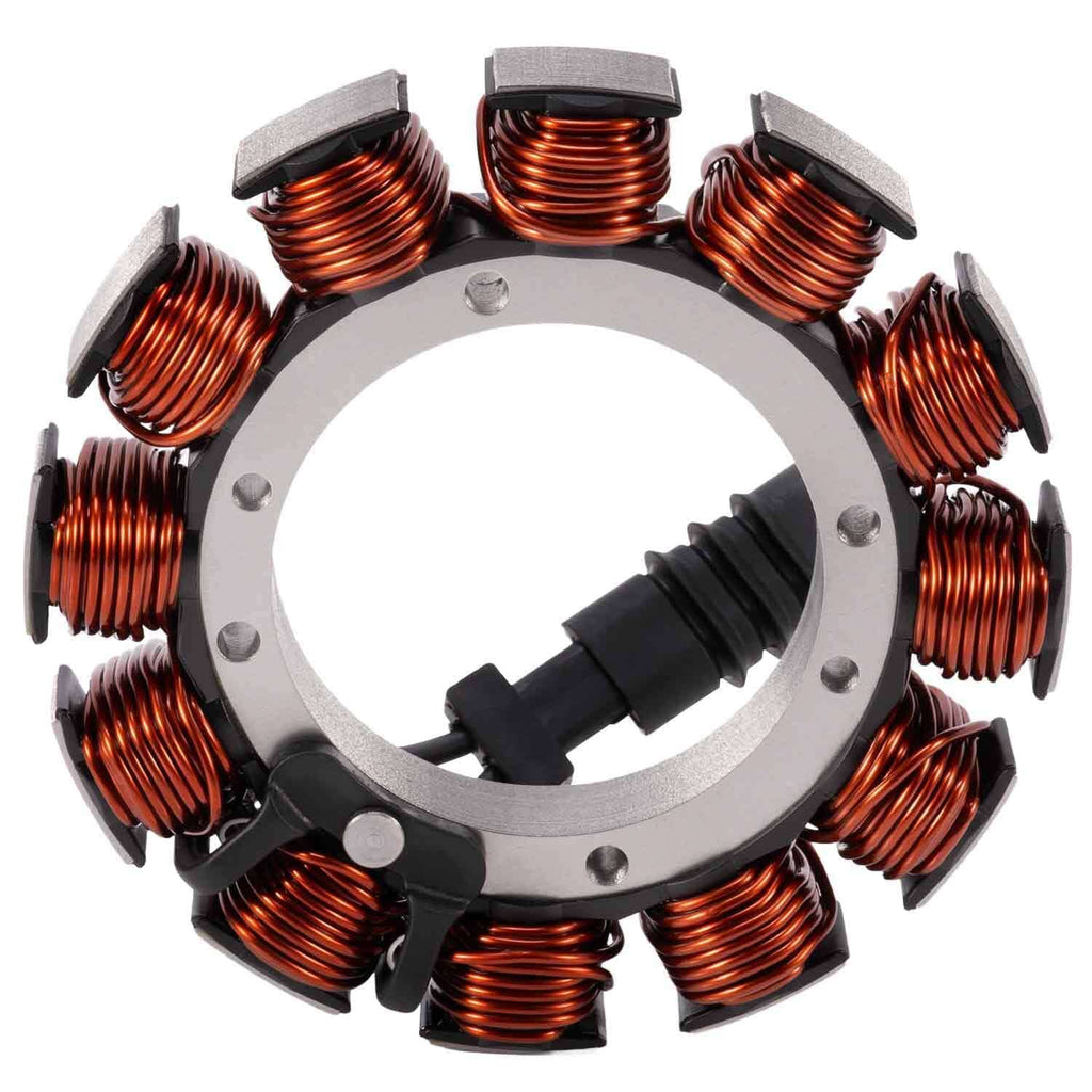 Motorcycle stator ring with copper coils and black ignition-style wire connectors