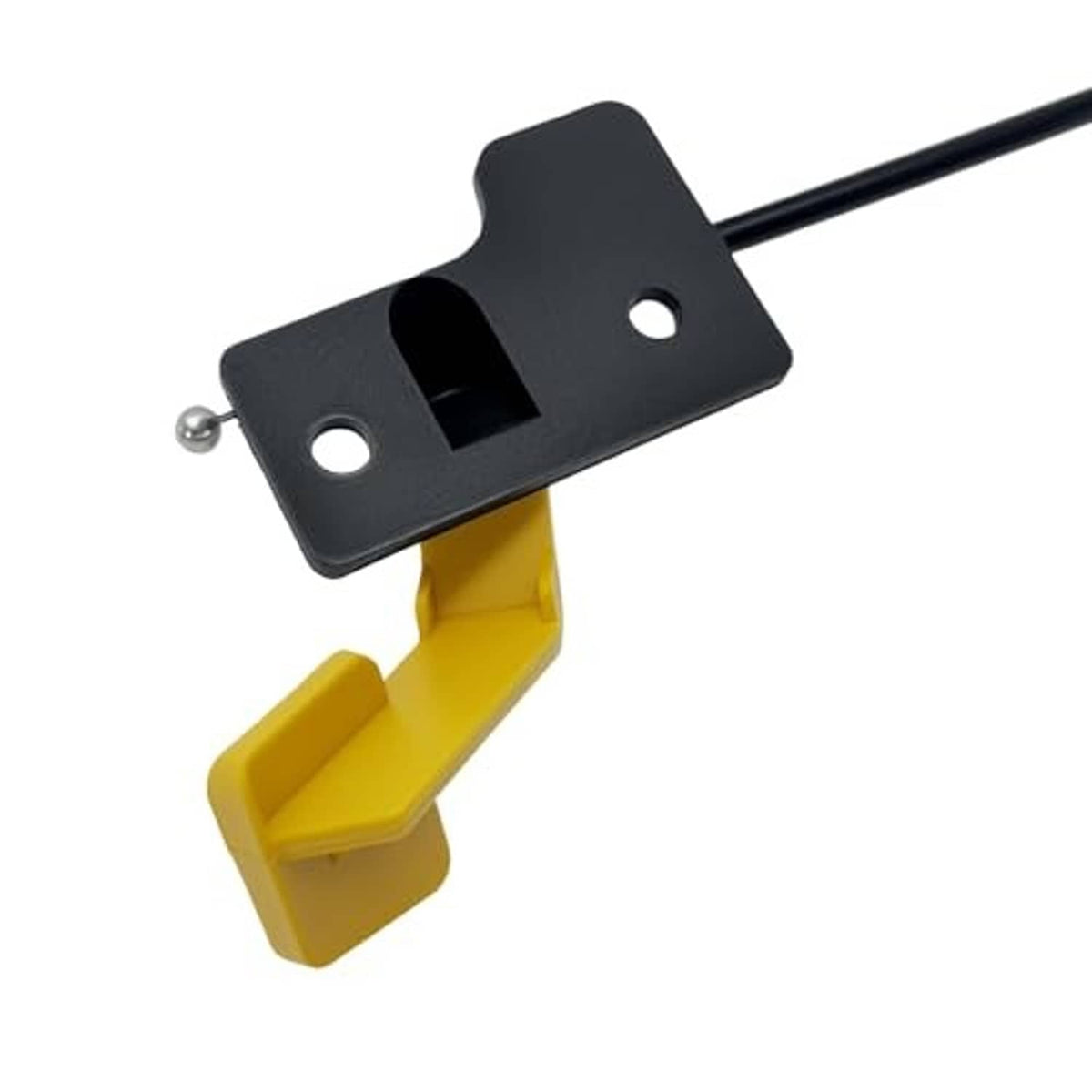 Hood latch release cable bracket with black mount and yellow latch housing