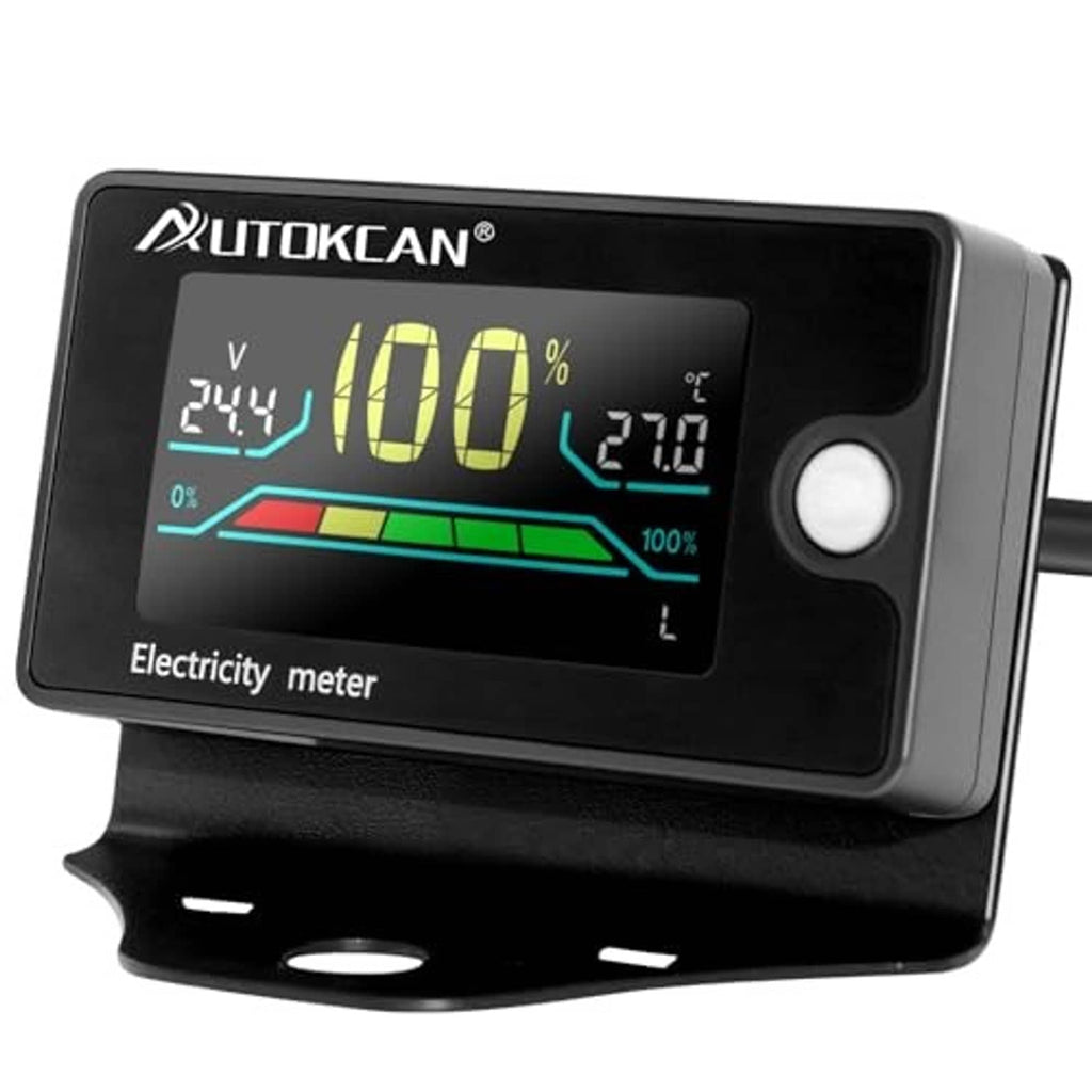Digital battery monitor electricity meter in black housing with LCD display and round button