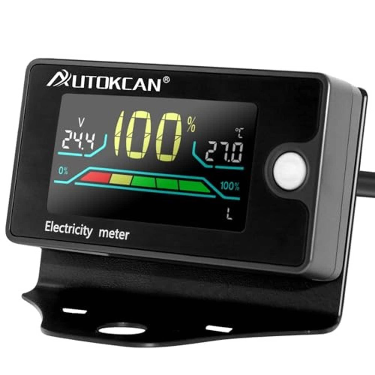 Digital battery monitor electricity meter in black housing with LCD display and round button