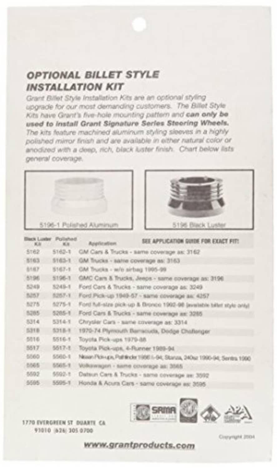 Grant steering wheel kit info card with optional billet style details