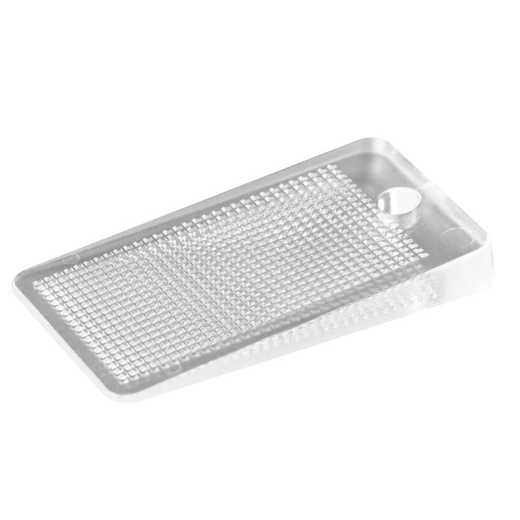 Transparent rectangular leveling shim with textured grid top and round hole on corner.