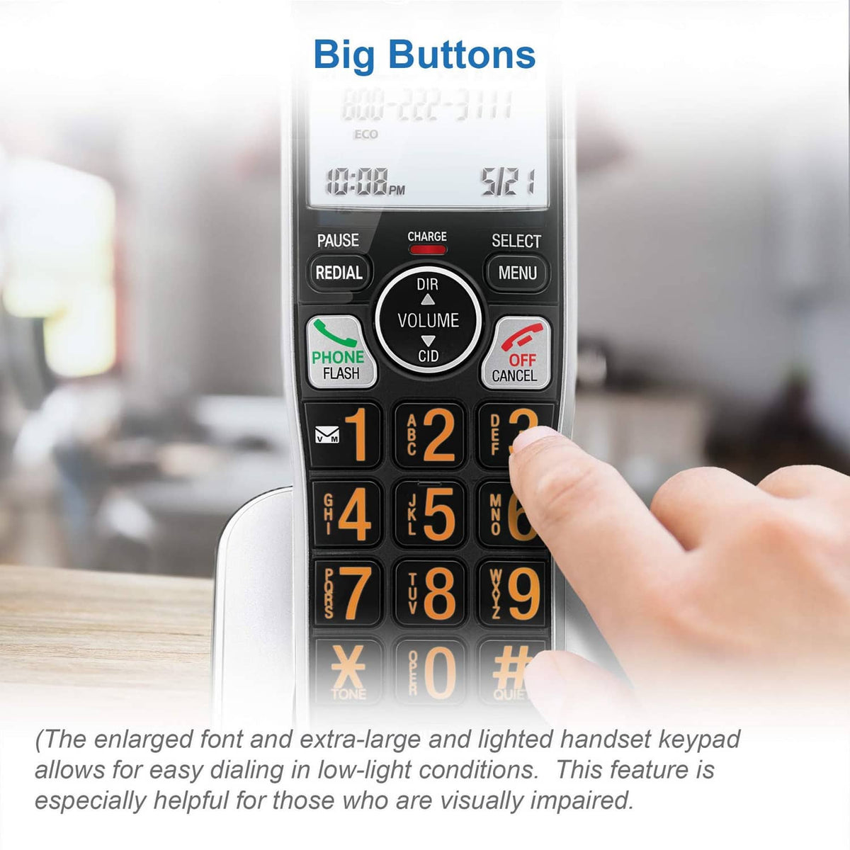 Black cordless phone handset showing large illuminated keypad and call buttons