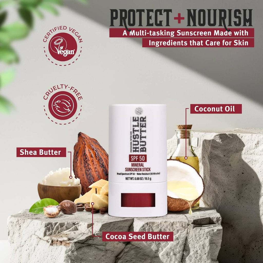 Hustle Butter SPF 50 mineral sunscreen stick, white base with red protective inset