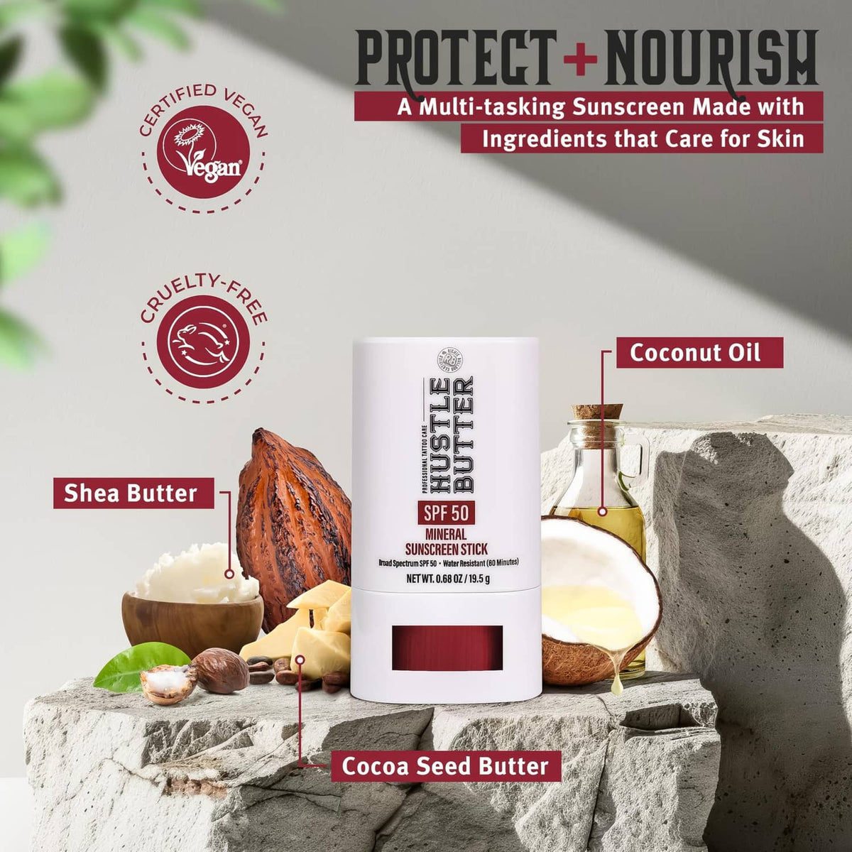 Hustle Butter SPF 50 mineral sunscreen stick, white base with red protective inset