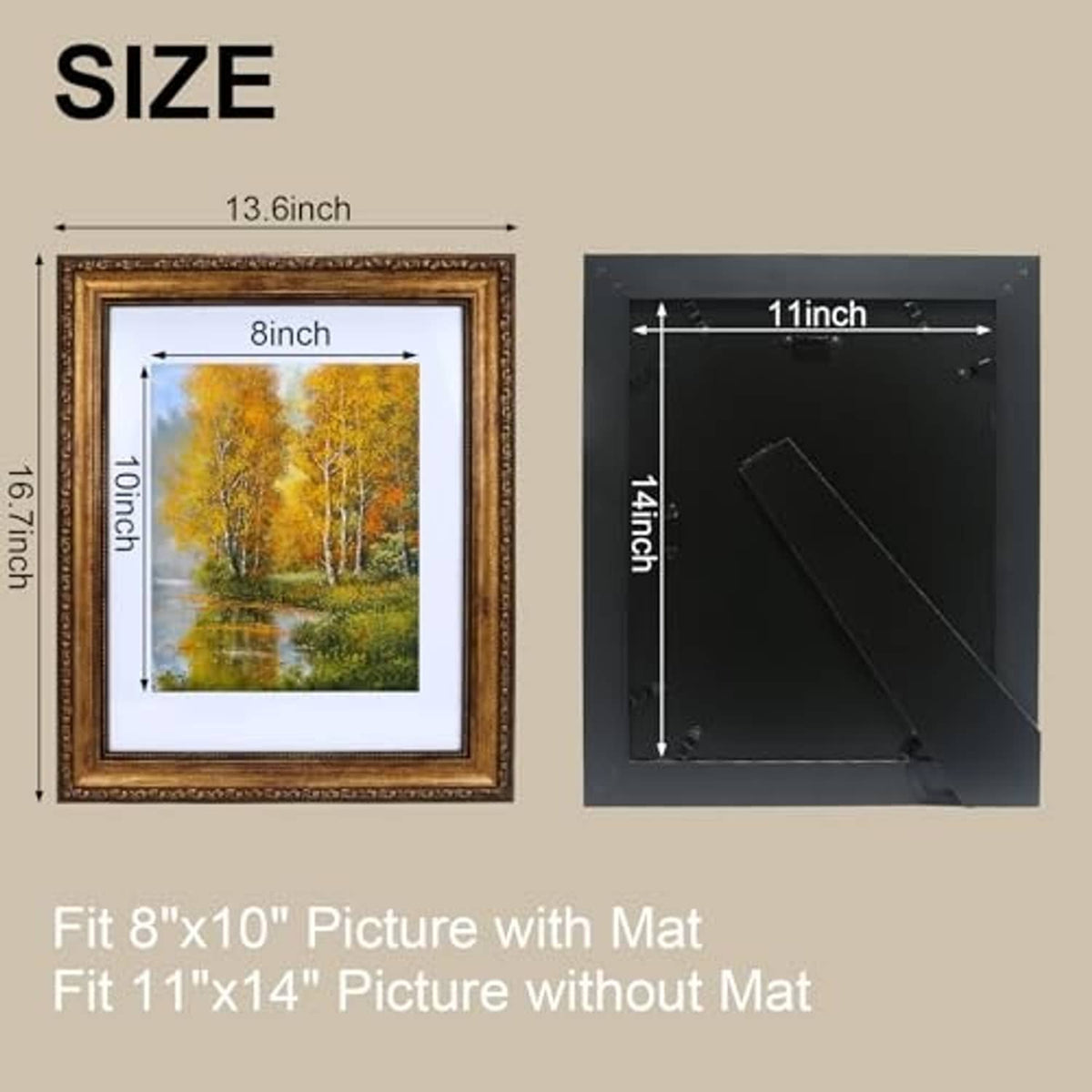 Ornate bronze picture frame size chart showing mat fit and no-mat fit