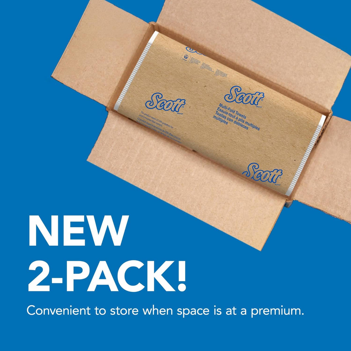 Two-pack universal folded paper towels in tied kraft cartons with Scott branding