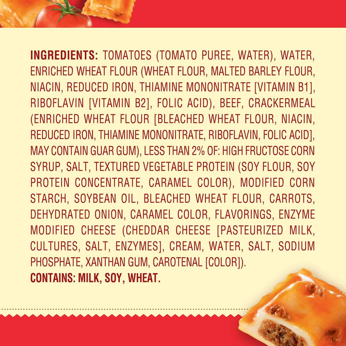Ingredients list for beef ravioli in pasta sauce, includes tomatoes and wheat flour