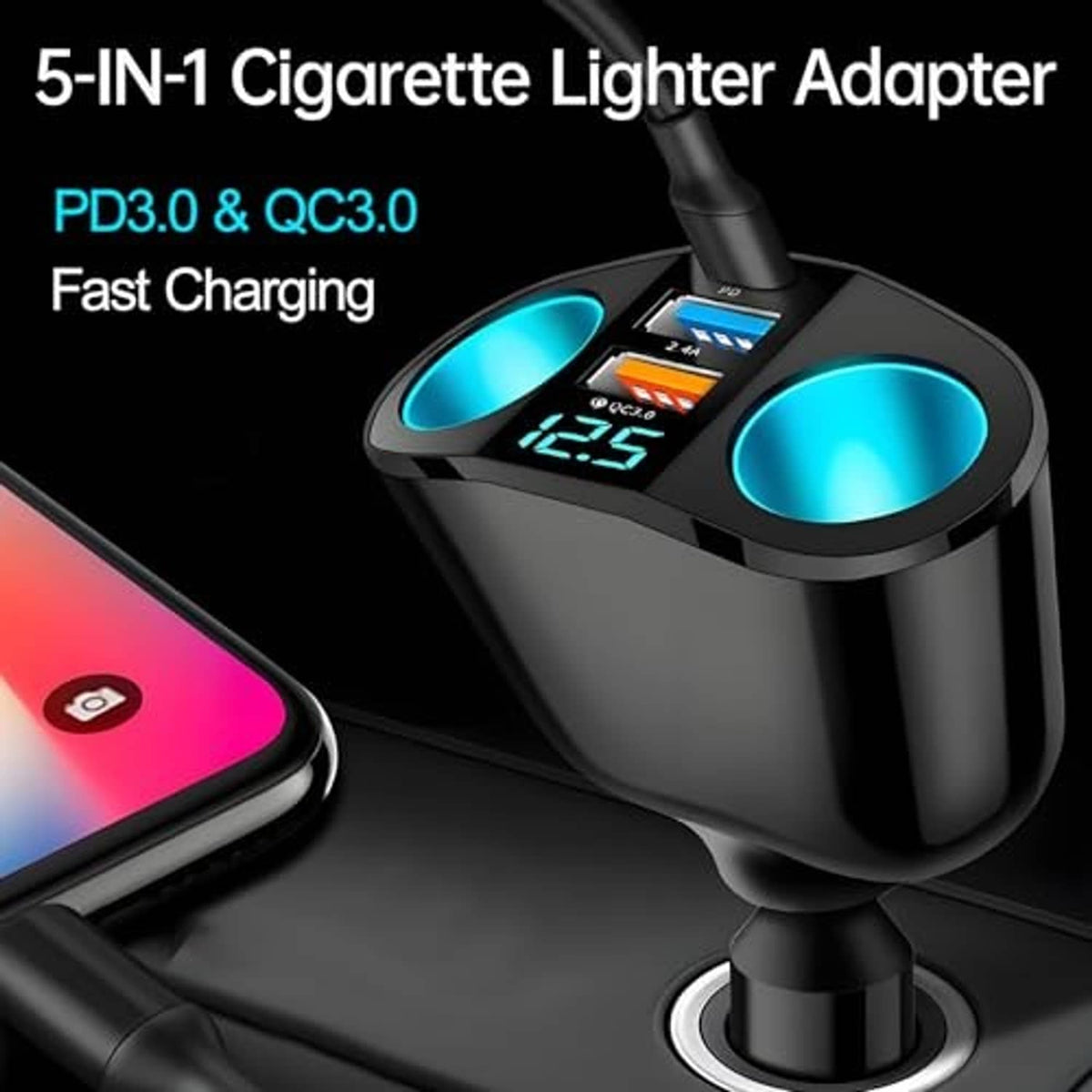 Black dual-port cigarette lighter adapter with digital voltage display and blue indicator rings