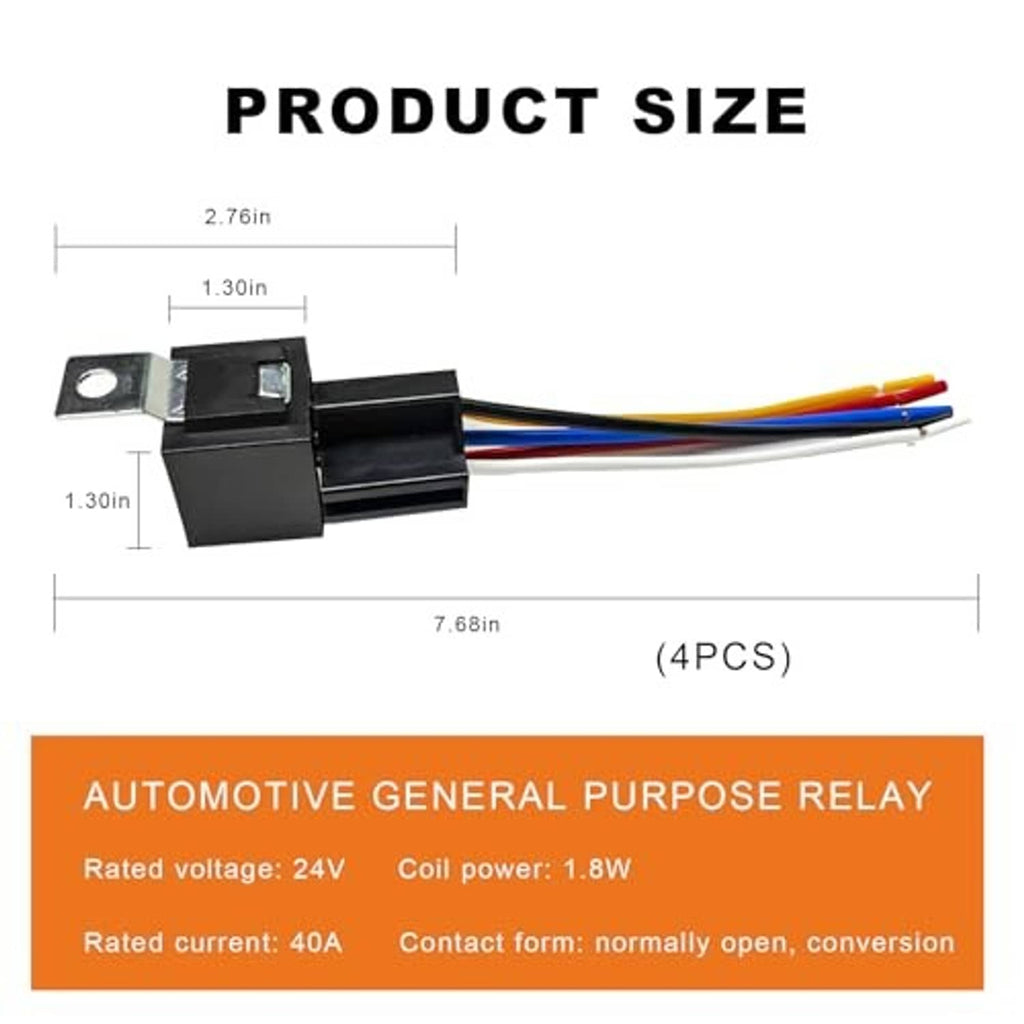 Prewired automotive relay with mounting tab and color-coded leads, size diagram (4-pack)