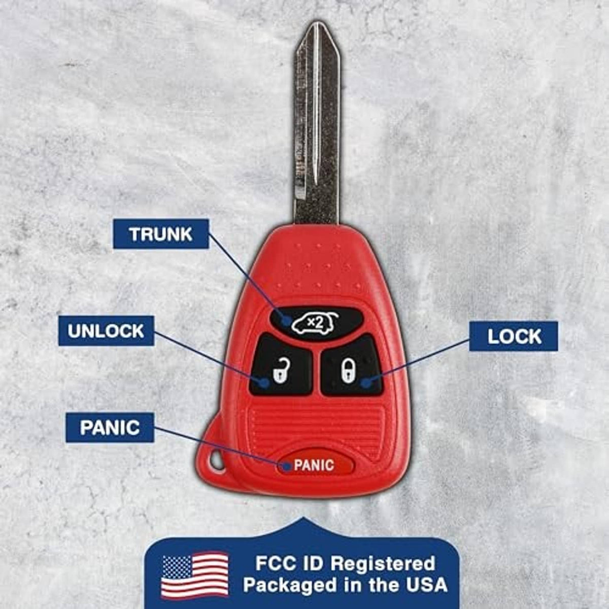 Red key fob with labeled trunk, unlock, lock and panic buttons on graphic