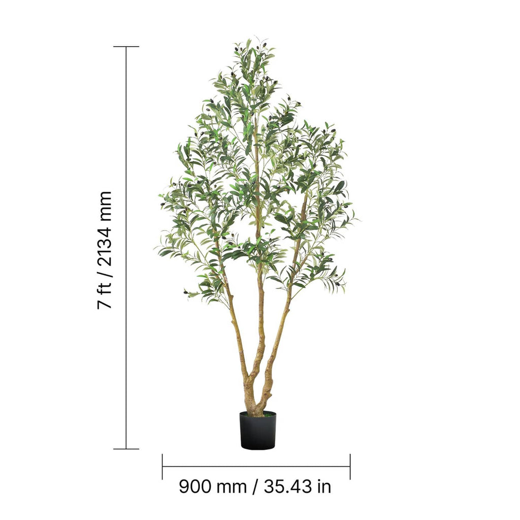 7 ft artificial olive tree in a black pot with height and width measures