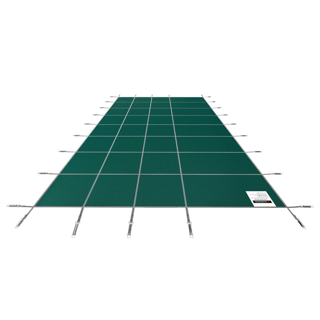 Inground pool safety cover, green with anchor tools and grommet strips