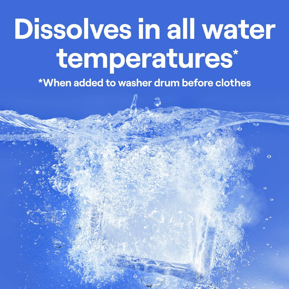 Laundry detergent powder graphic: dissolves in all water temperatures splash