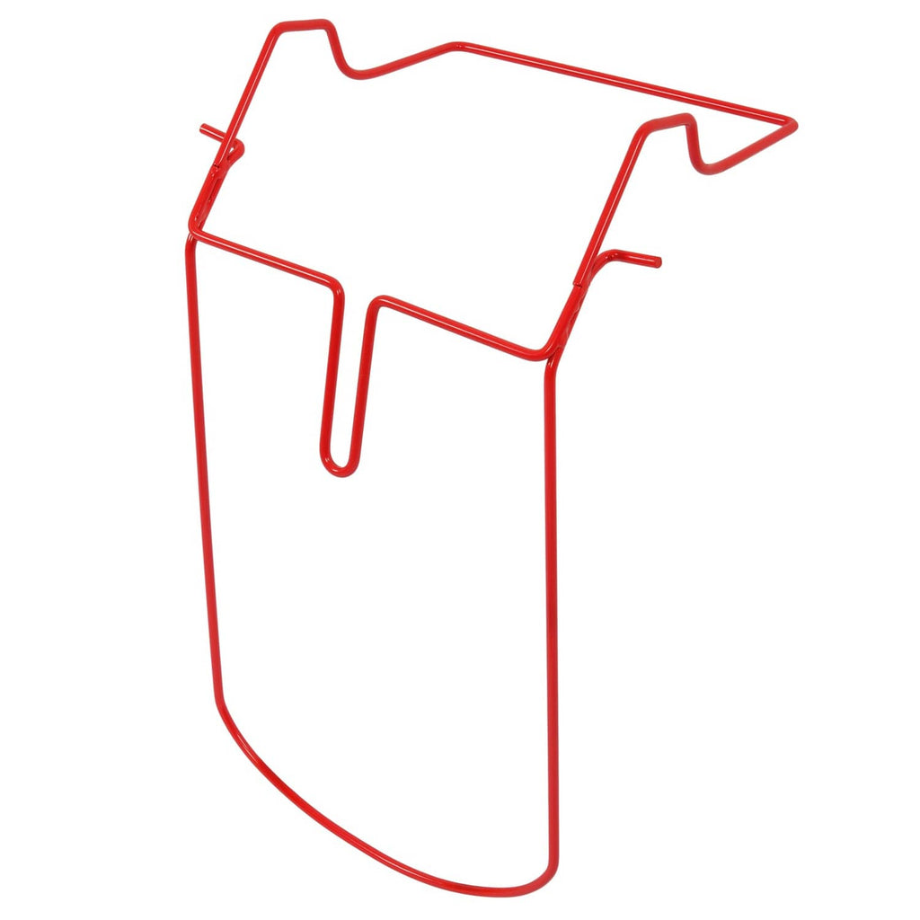 Red metal lawn grass bag frame with rectangular top and side supports
