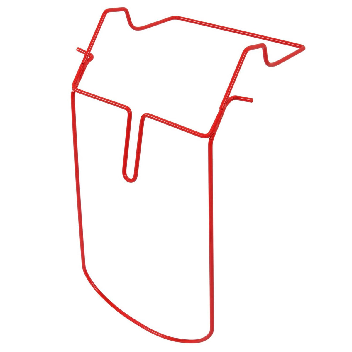 Red metal lawn grass bag frame with rectangular top and side supports