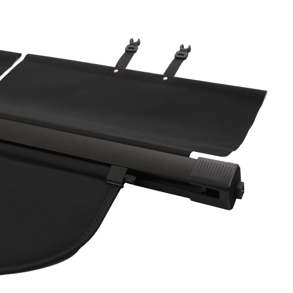 Black trunk security shade panel with hook-and-loop straps and side release clip.