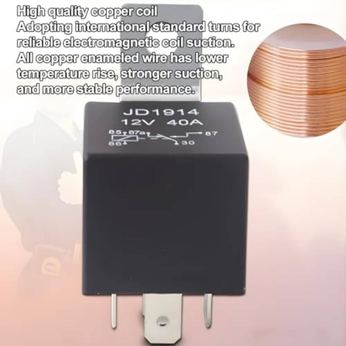 JD1914 12V 40A 4-pin relay with metal mounting base, black housing