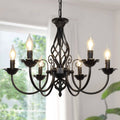Black 6-light farmhouse candle chandelier with curved arms and twisted lattice center