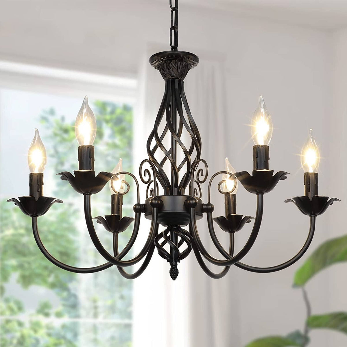 Black 6-light farmhouse candle chandelier with curved arms and twisted lattice center