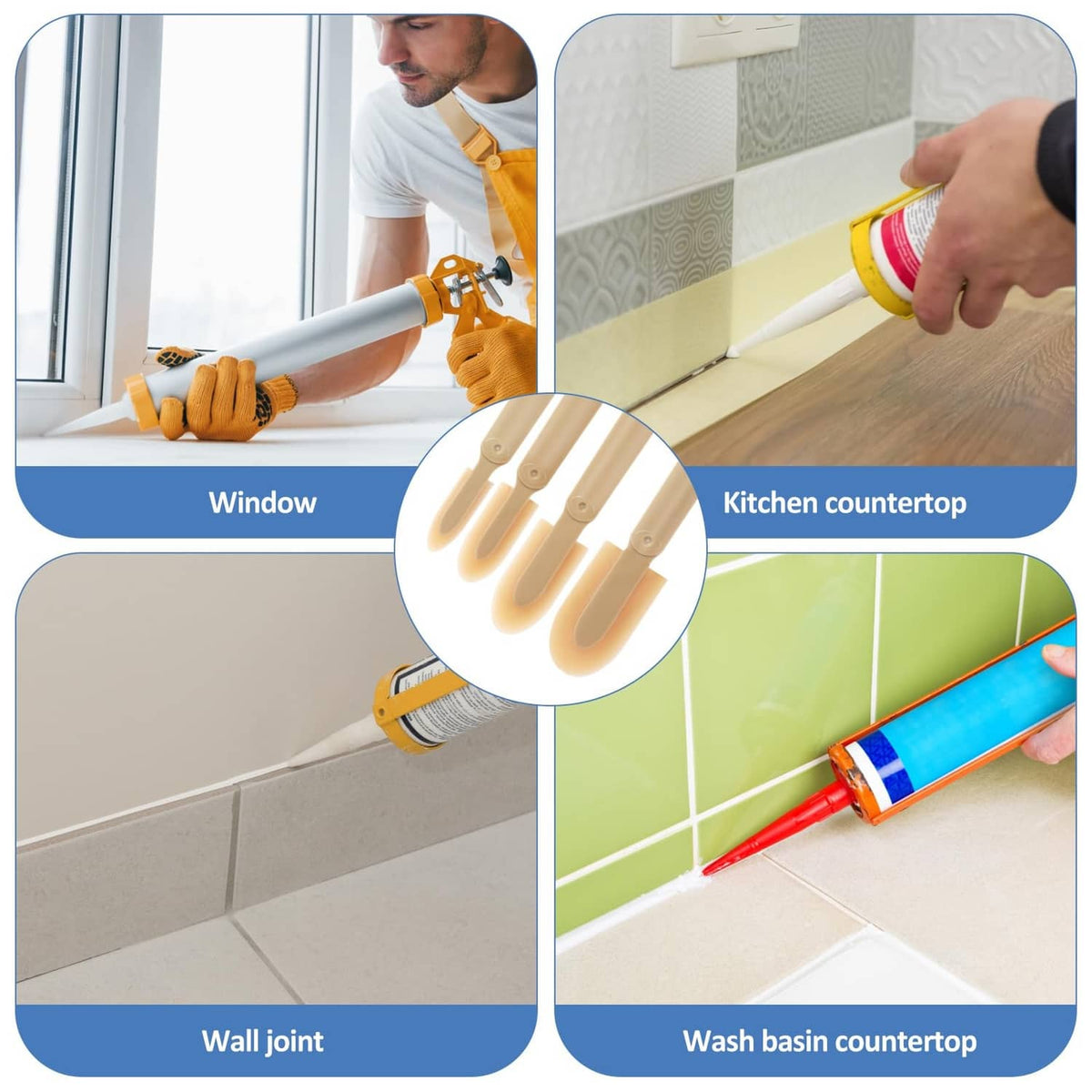 Tan rubber caulking finishing tool with hangable handle for seam filling