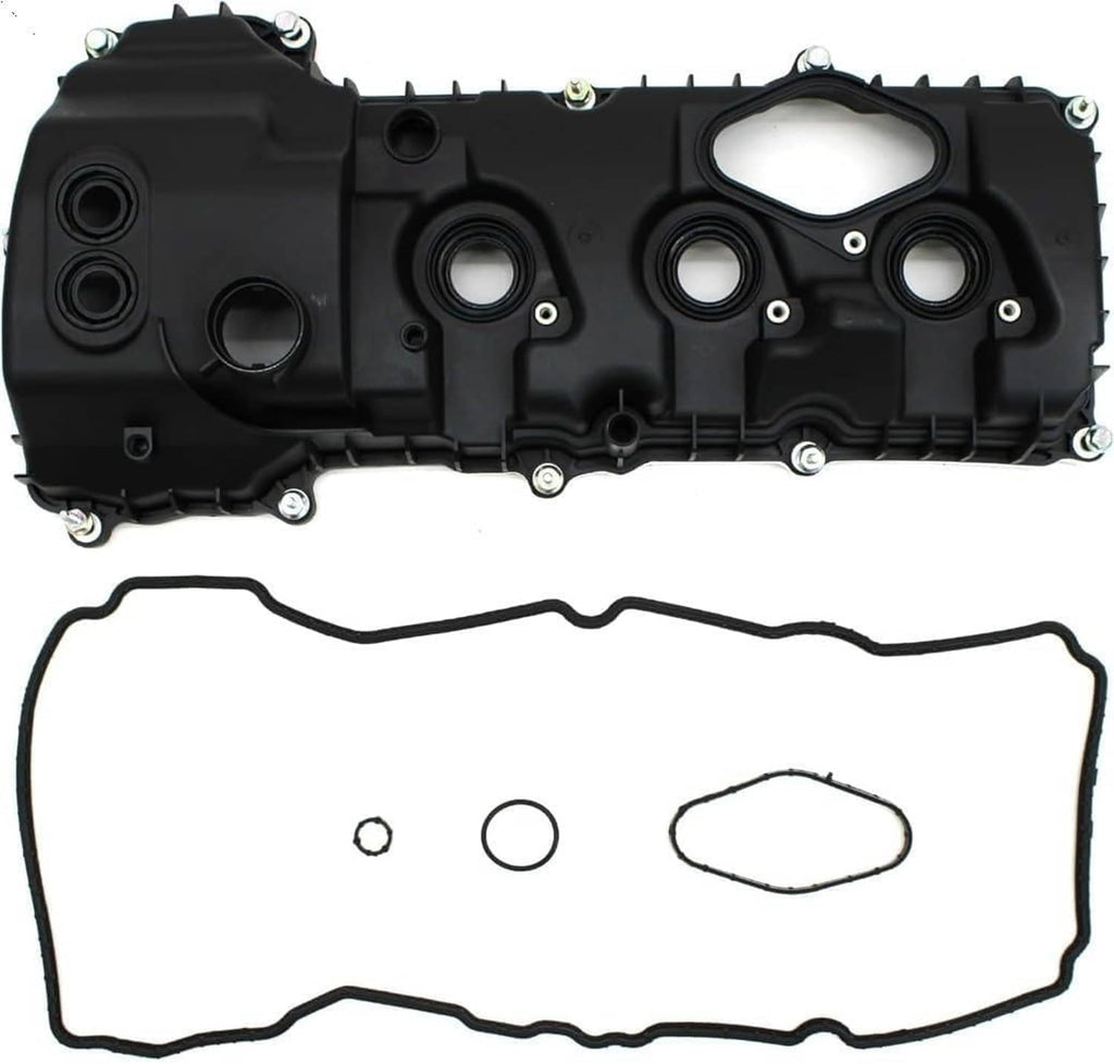 Left-side engine valve cover with oil ports and bolt holes; includes gasket