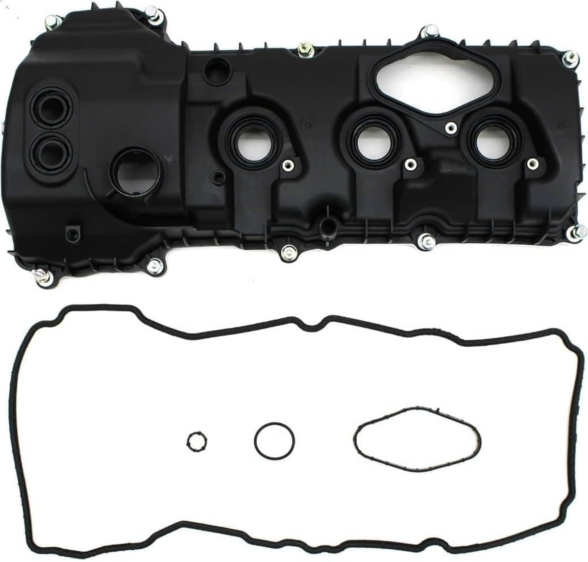 Left-side engine valve cover with oil ports and bolt holes; includes gasket
