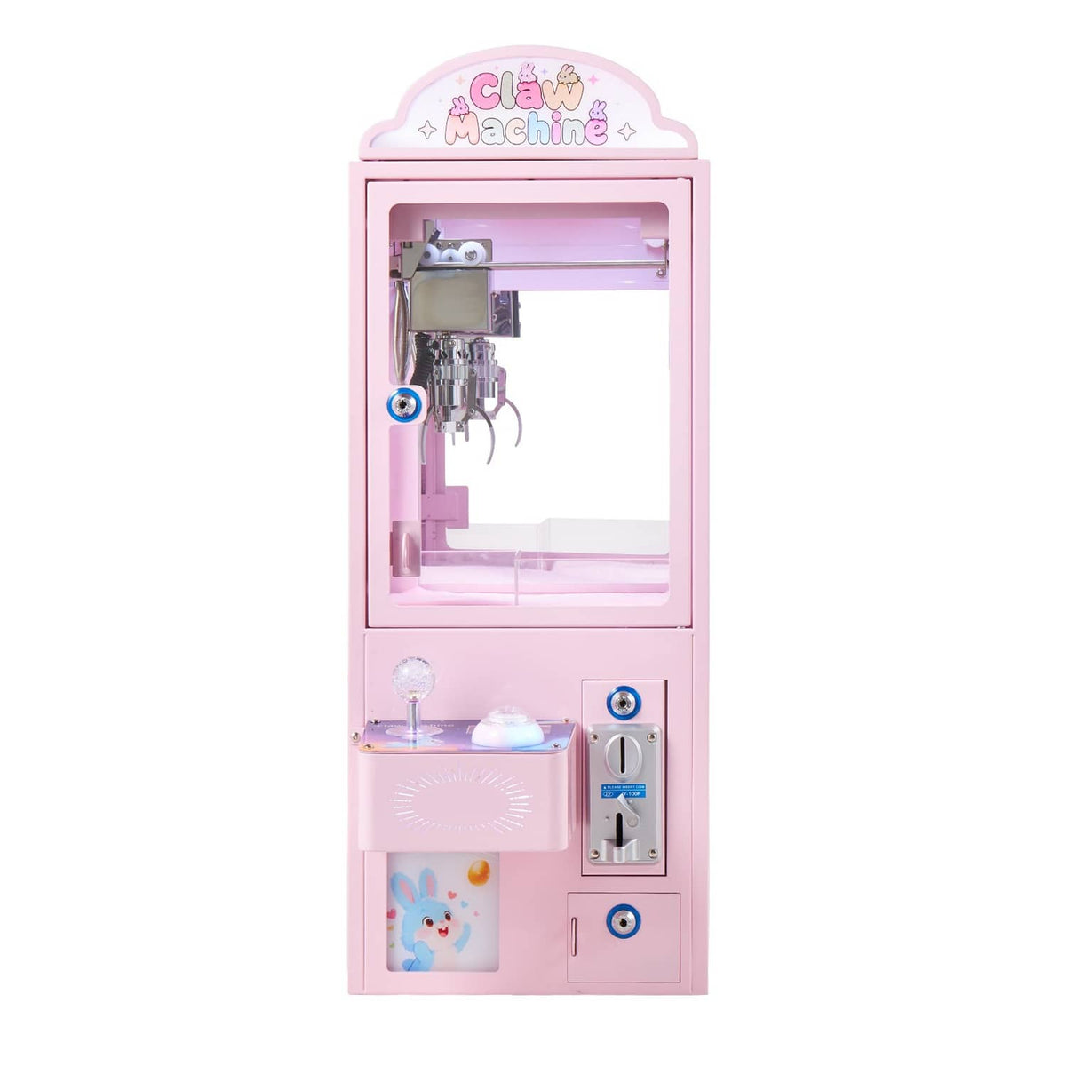 Pink claw machine arcade toy with internal claw mechanism and control panel
