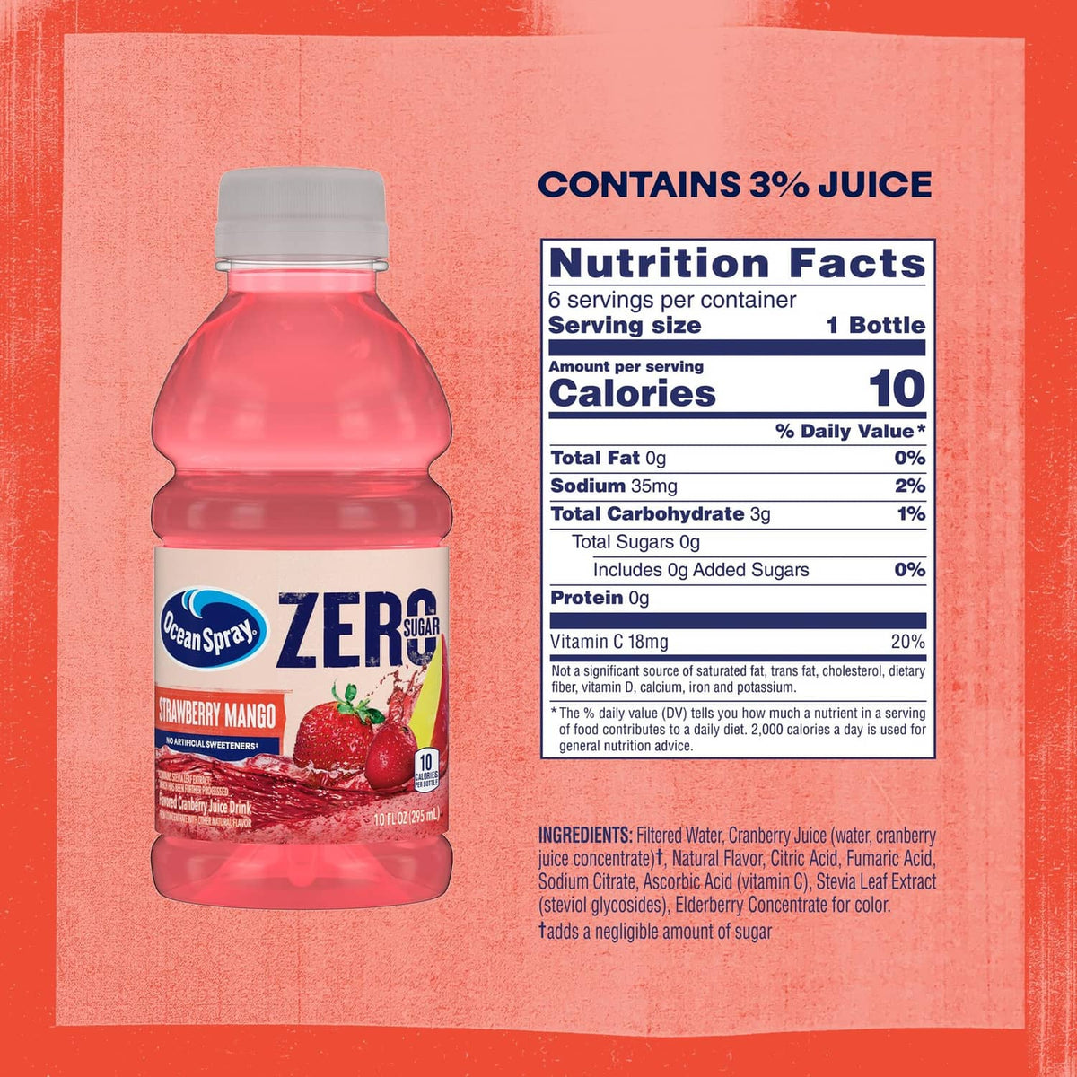 Ocean Spray ZERO Sugar Strawberry Mango juice drink bottle label with nutrition facts