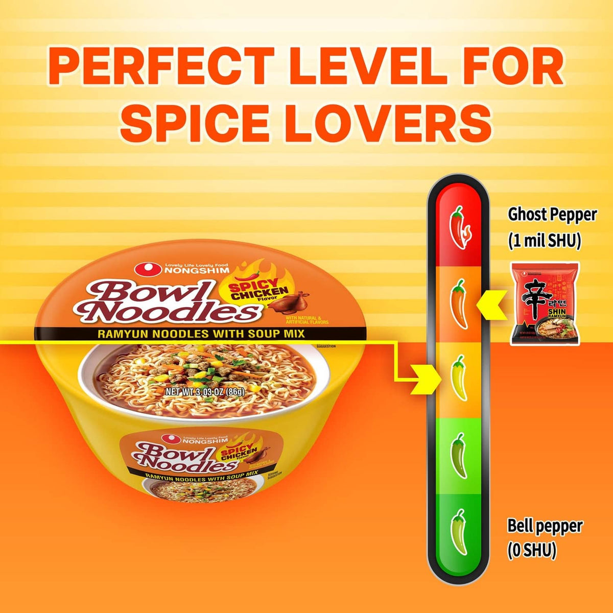 Spicy chicken ramen cup with heat-level graphic and peppers