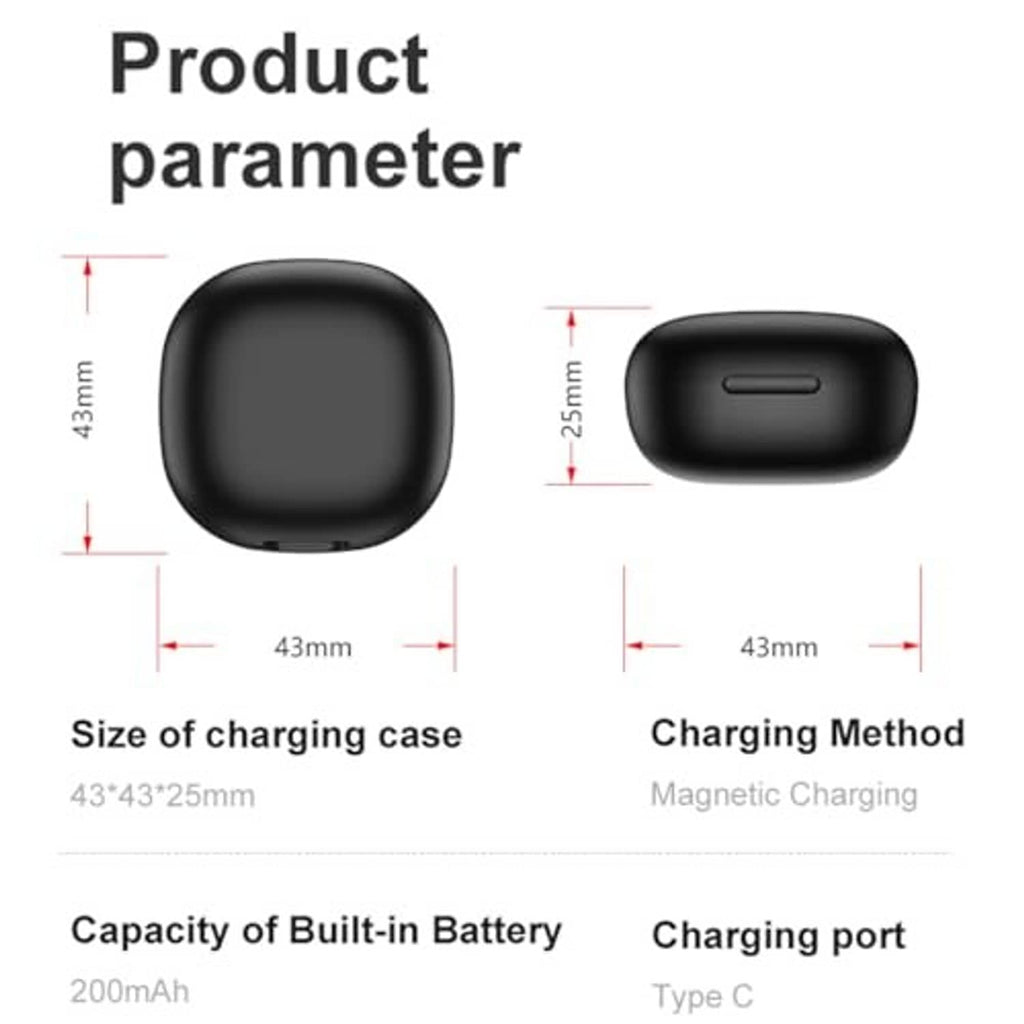Charging case size diagram with Type-C port and magnetic charging method icons