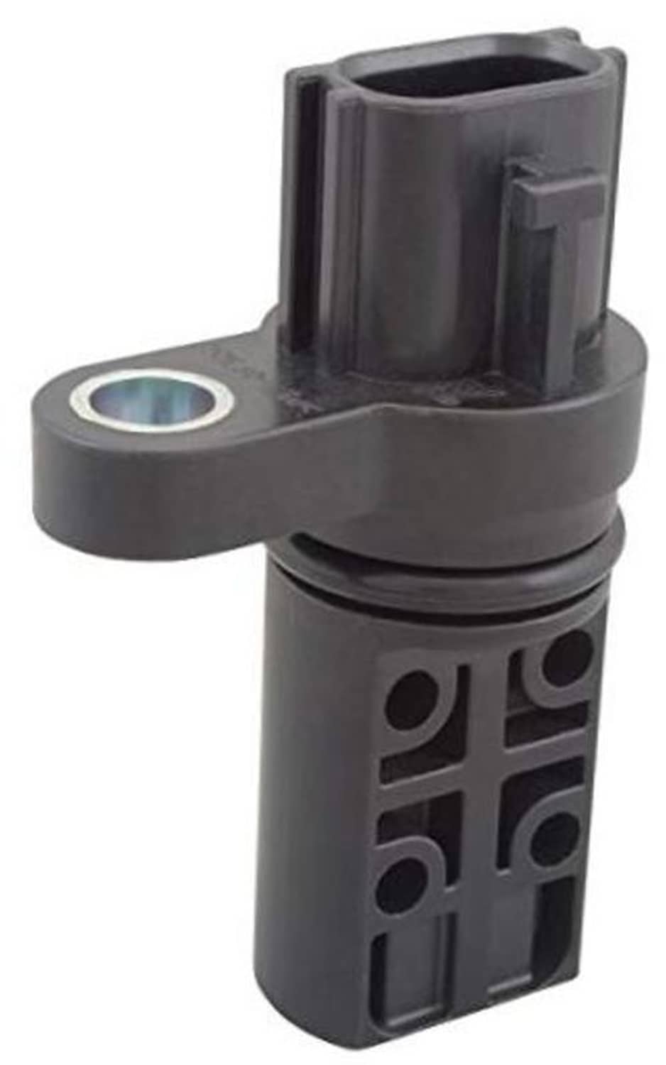 Engine camshaft position sensor with mounting base, dark gray body, metal ring on top