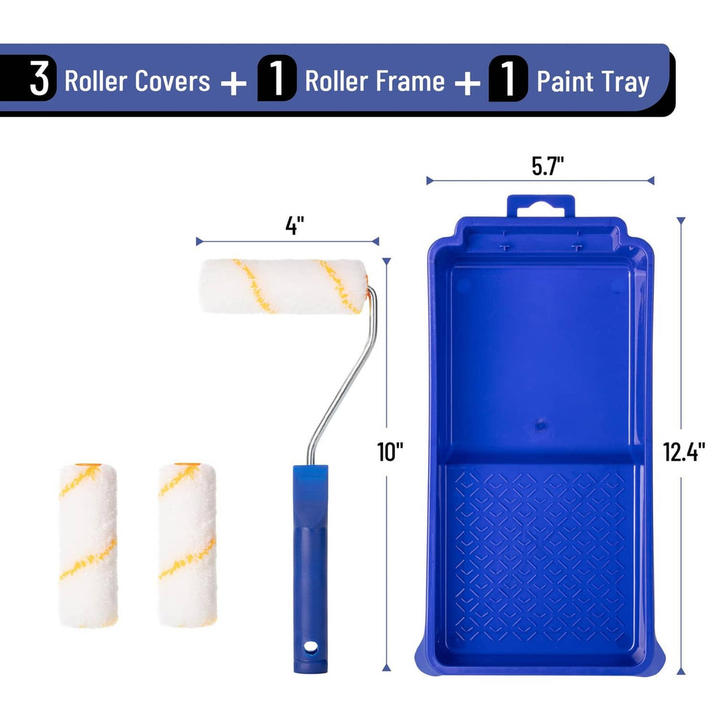 Blue paint tray and roller frame with two white 4 in roller covers and curved handle
