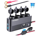 Black HURMAI car charger hub with 7 ports and LED display, multi-cable setup