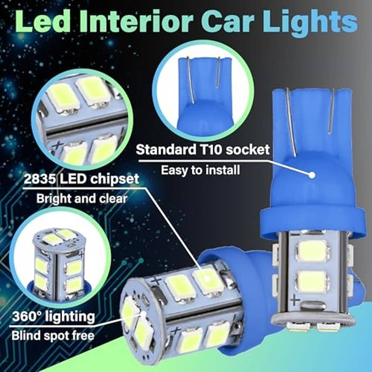 T10 LED dome bulb with blue housing and multi-chip LED array