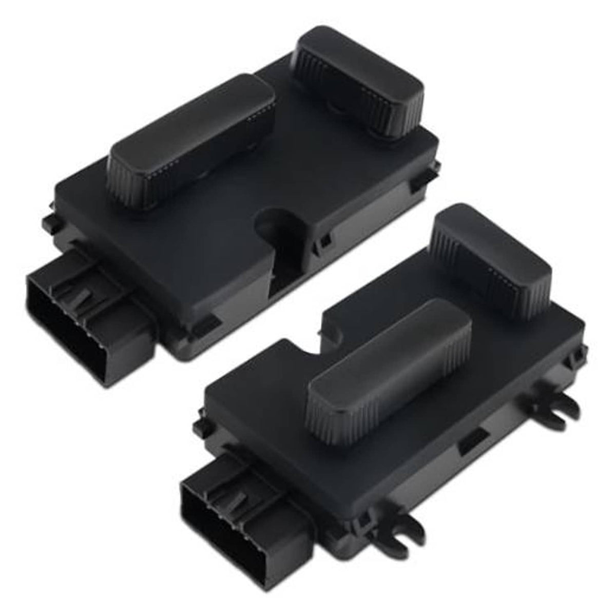 Power seat switch set with two black adjustment modules and multi-pin connectors