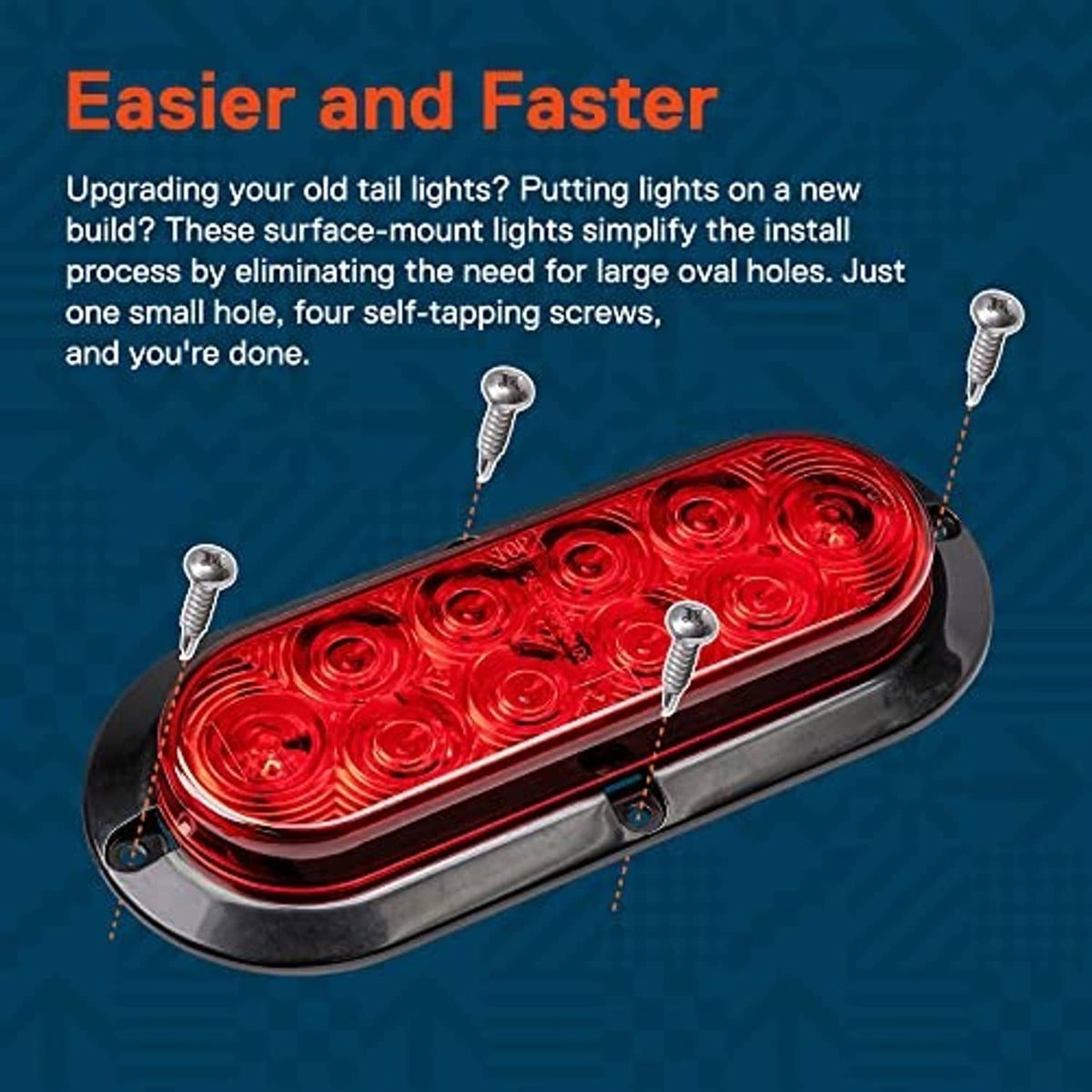 Oval red LED trailer tail light with visible mounting screws on black base
