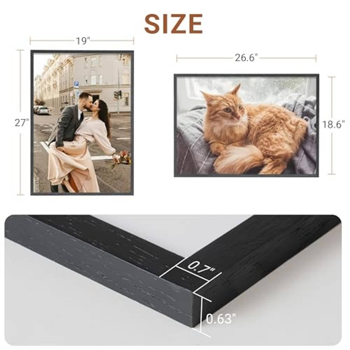 Black wood picture frame corner close-up with thickness measurement