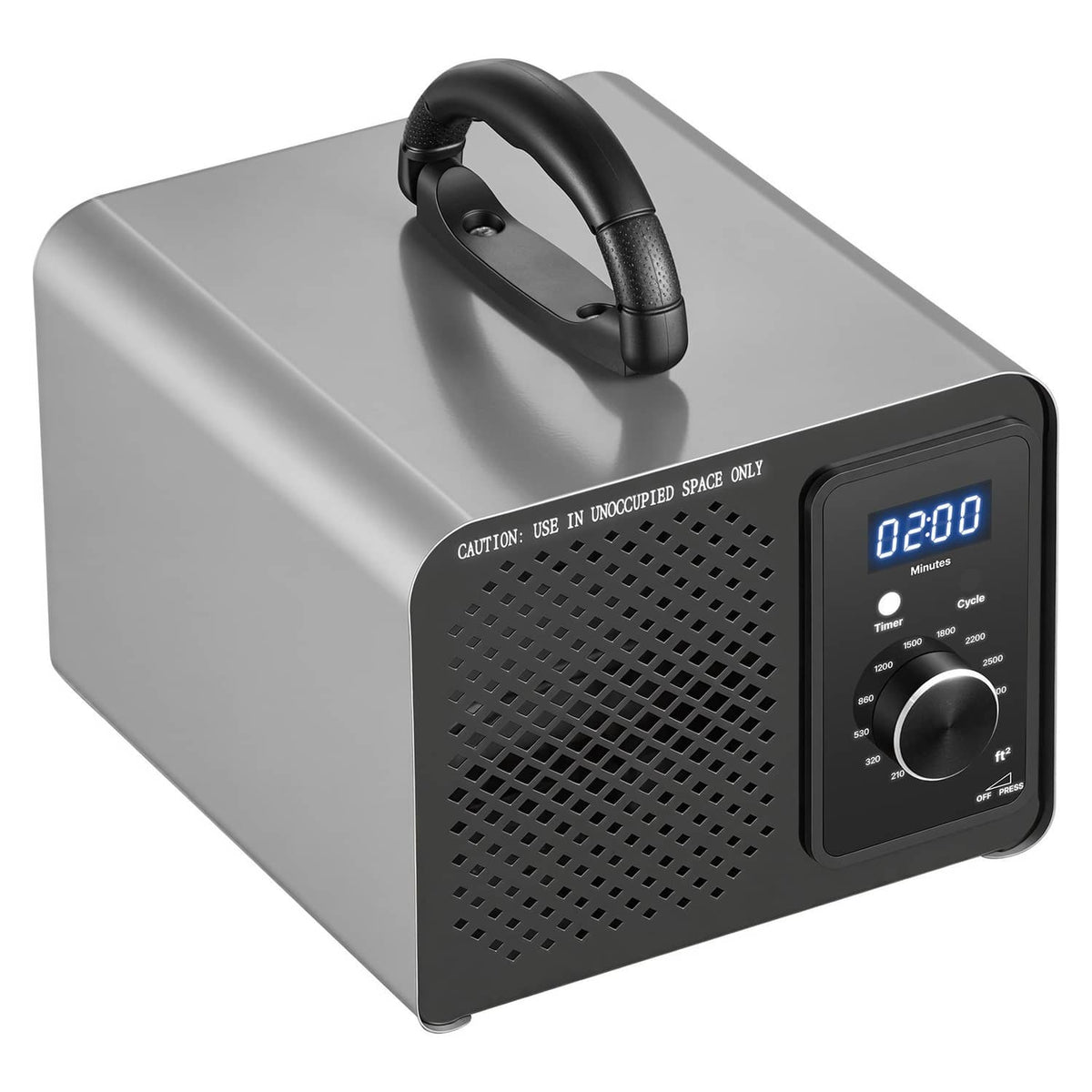 Ozone generator machine angled view with carry handle and digital timer display