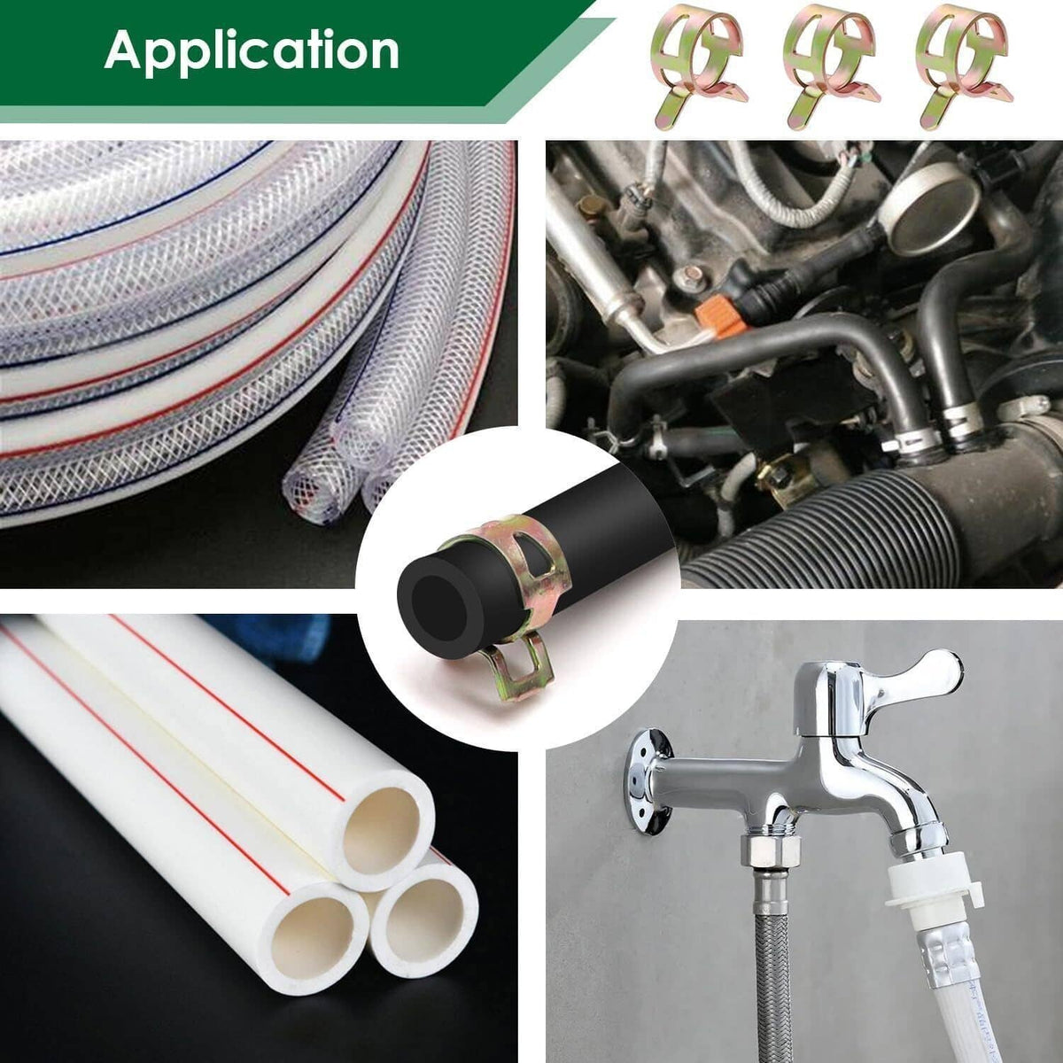 Spring hose clamps securing hoses to pipes and fittings in a product application layout