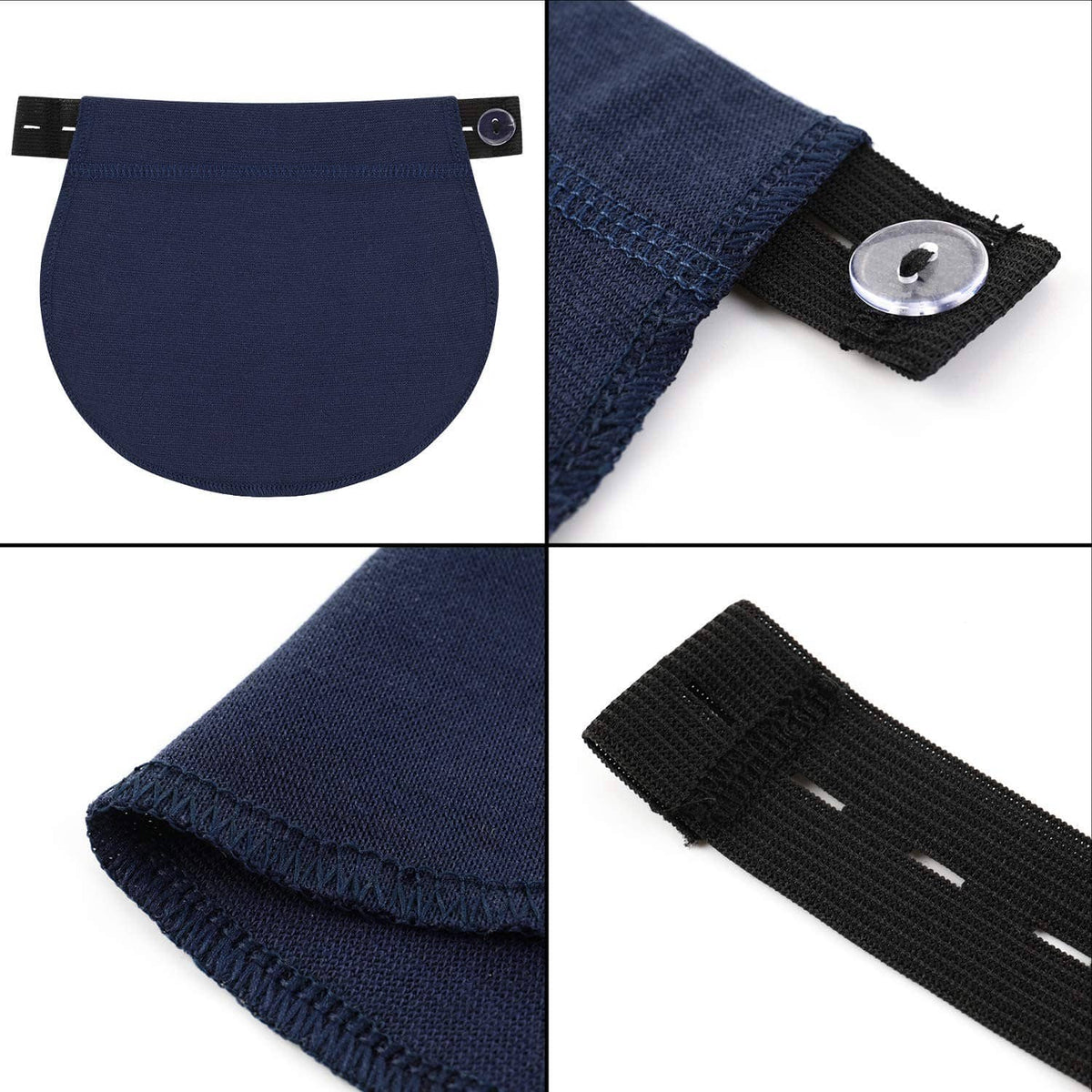 Navy maternity waist extender with snap button and stitched knit edge detail