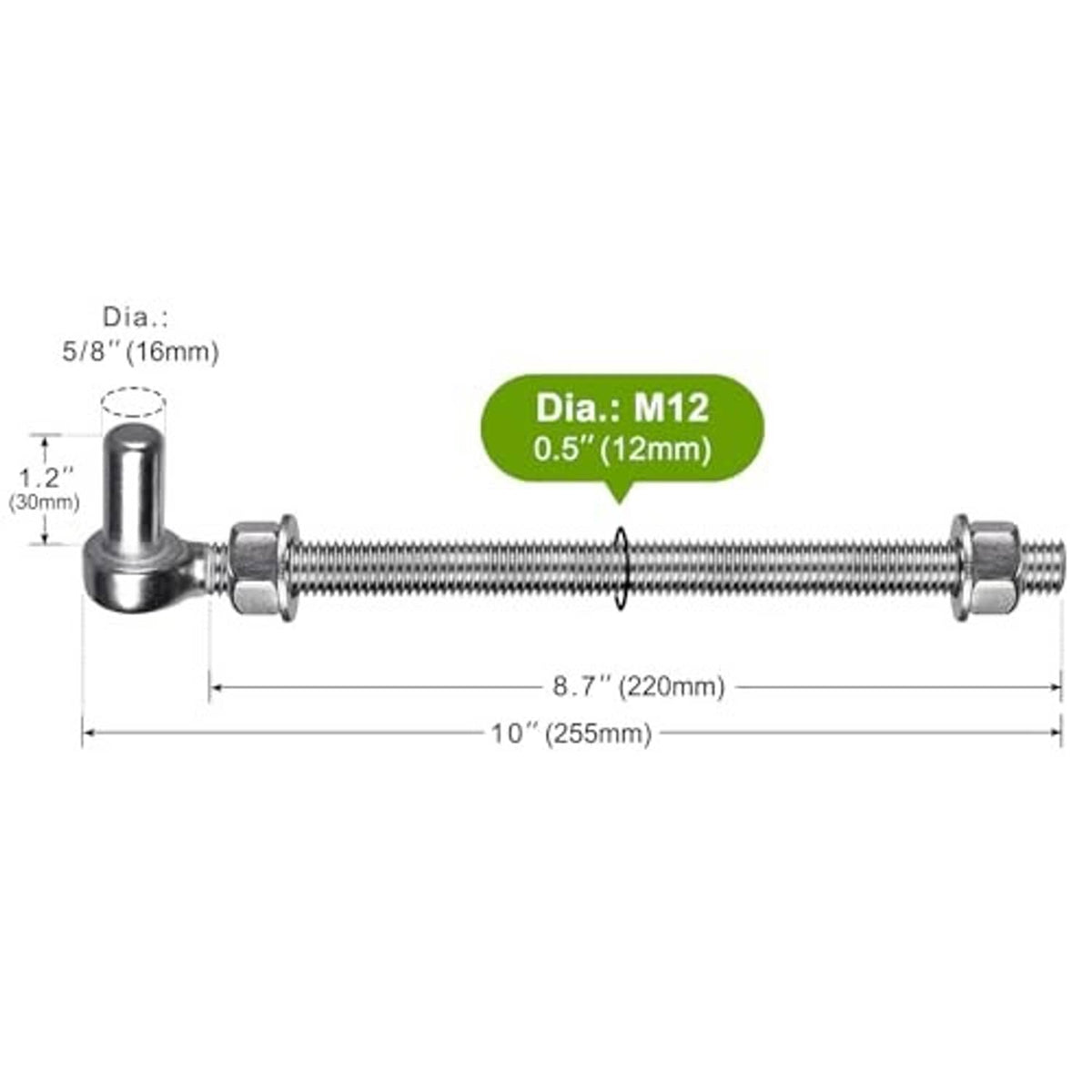 M12 J-bolt gate hinge with measurement diagram, 5/8 in (16mm) diameter post